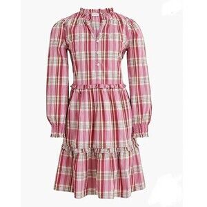 J Crew Dress Womens 2 pink Green Black Watch Plaid Tiered V Neck long sleeve